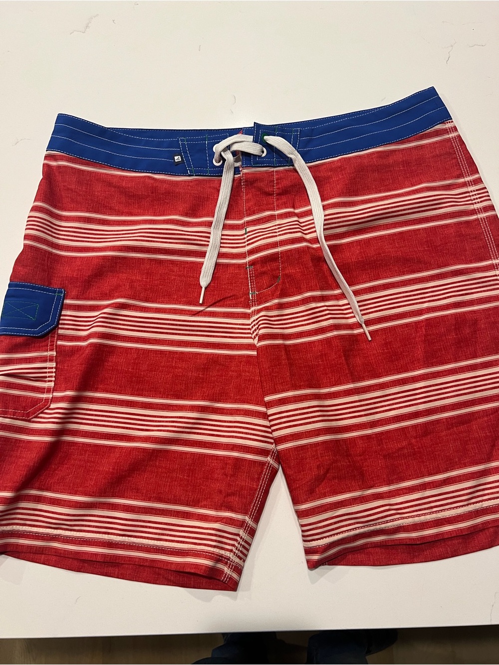 Sperry Men's Red Striped Board Shorts with Blue Waistband